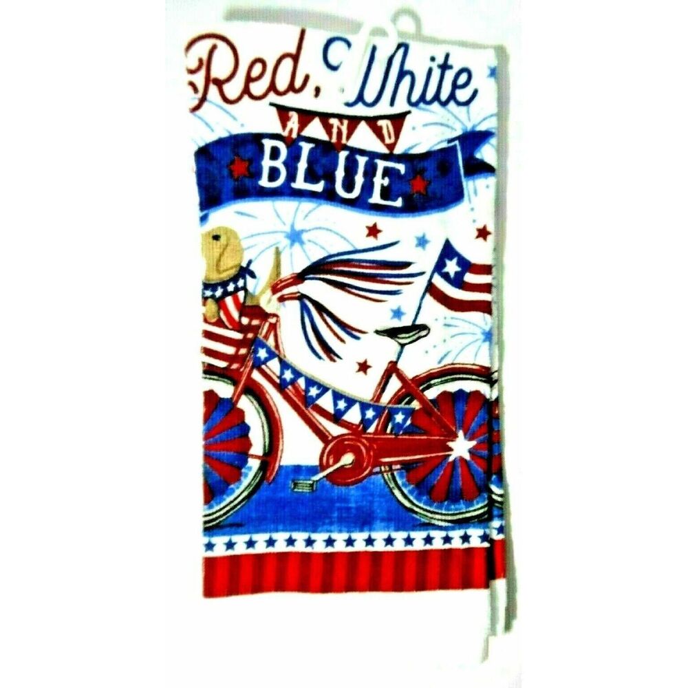 Patriotic Kitchen Towels 2-Pc Red White Blue Dog in Basket Parade Bicycle Flag